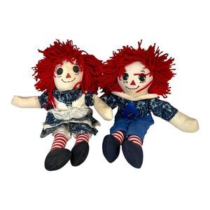 Vtg Raggedy Ann Andy Cloth Dolls 15” Pair Red Yarn Hair Striped Blue Outfits SEE
